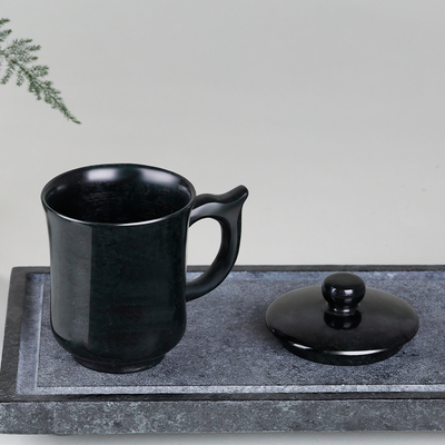 墨玉带盖办公杯,药王石杯,蛇纹石玉杯,墨玉药王石杯,墨绿石杯,定制加工